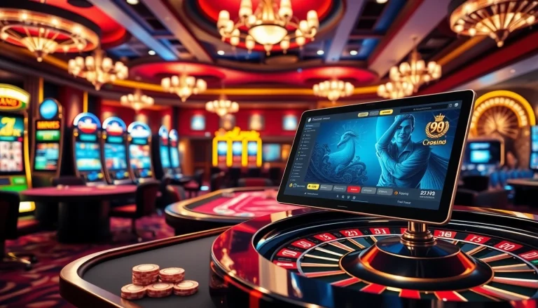 Engaging casino scene featuring the 98win platform with vibrant slot machines and poker tables.