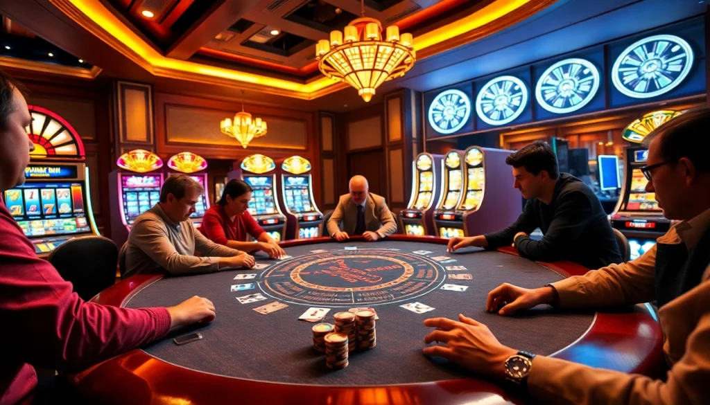 Players enjoying intense poker action at ww88 com with vibrant slot machines in the background.