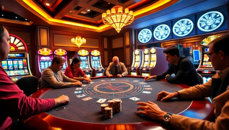 Players enjoying intense poker action at ww88 com with vibrant slot machines in the background.