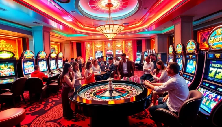 Players enjoying high-stakes games at 123win pro's luxurious casino, featuring roulette and poker tables.