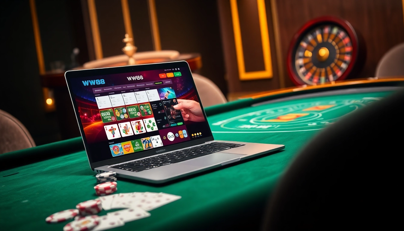 Experience the thrilling world of WW88 com with immersive casino gaming tables, cards, and rich ambiance.