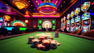 Experience the thrill of win79 at a luxurious casino, featuring poker chips, cards, and a spinning roulette wheel.