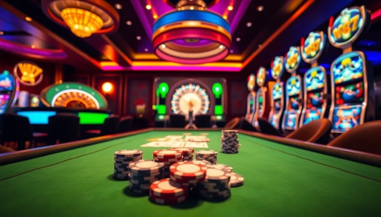 Experience the thrill of win79 at a luxurious casino, featuring poker chips, cards, and a spinning roulette wheel.