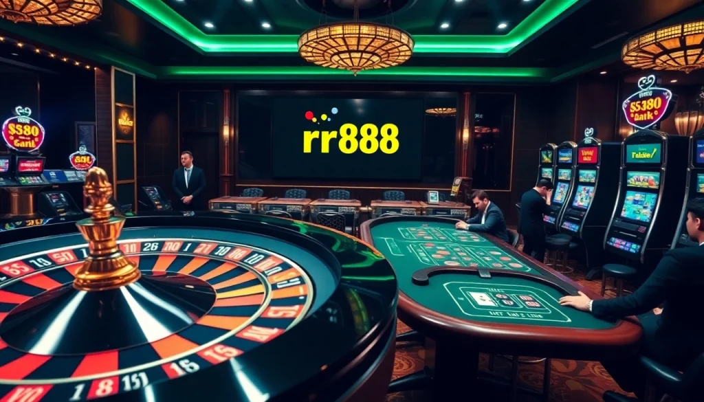 Exciting casino atmosphere featuring the rr88 link on digital interfaces and vibrant gaming elements.