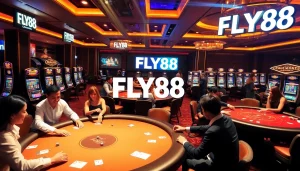 Experience the excitement of FLY88 with players joyfully engaging at casino tables and vibrant slot machines.