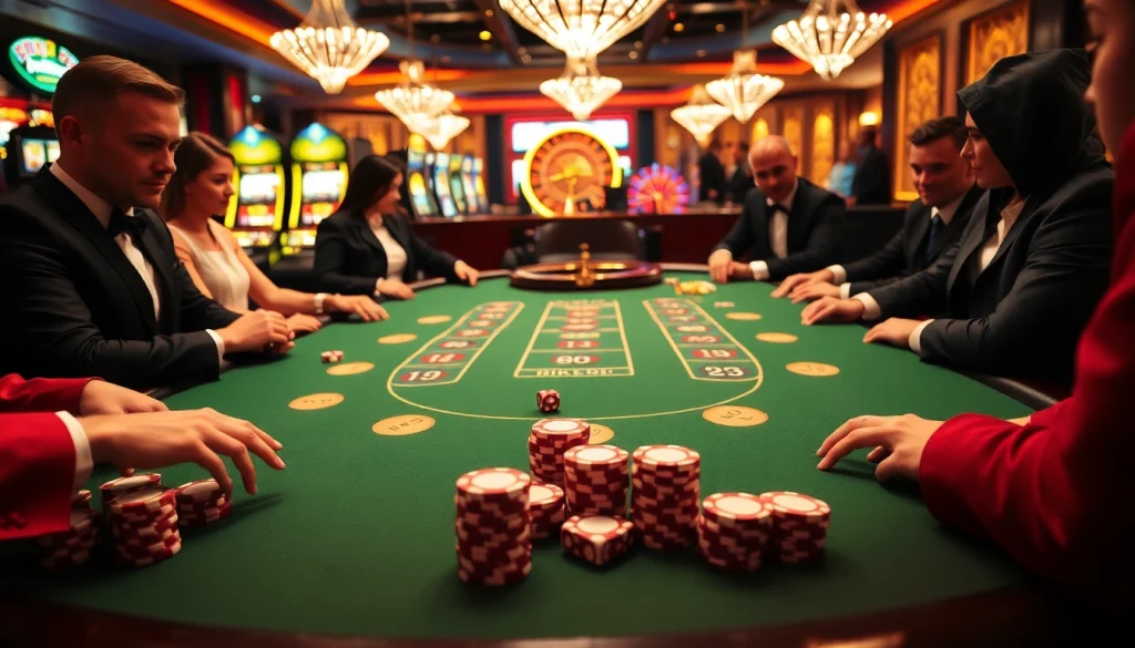 Players engage in high-stakes blackjack at https://888now.ru.com/, surrounded by vibrant casino visuals and neon lights.