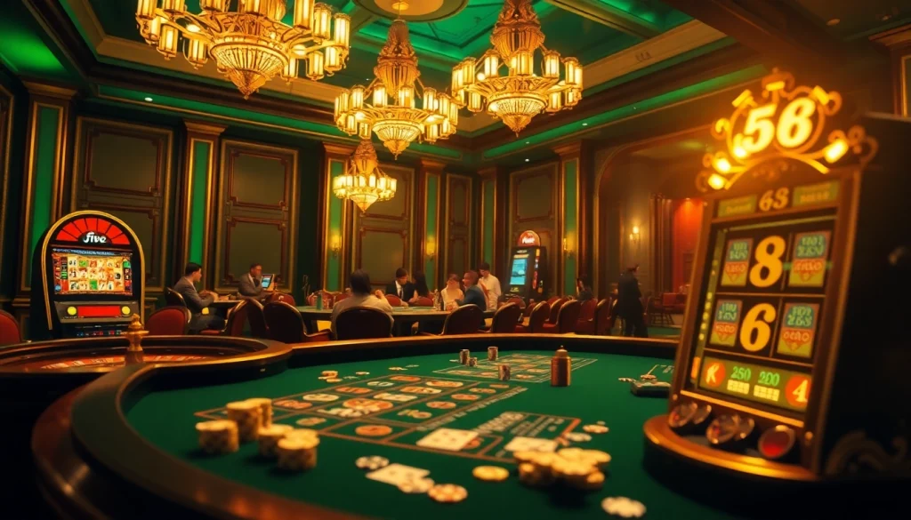 Five8 branding shines as players enjoy an exciting casino table gaming experience with poker chips and cards.