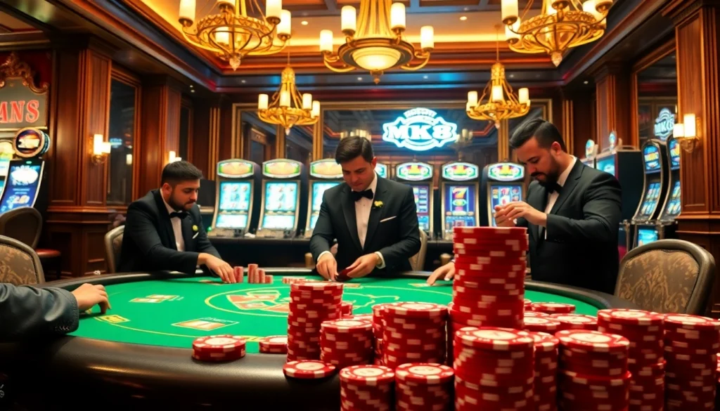 Experience high-stakes poker in a luxurious MK8 casino setting with vibrant chips and professional players.