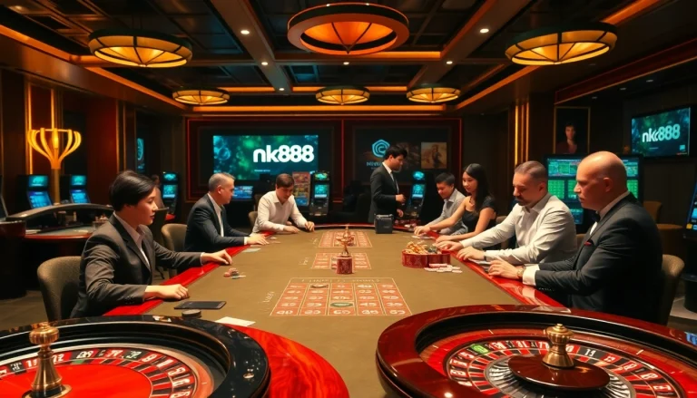Engage in exciting casino action with nk88-inspired poker chips on luxurious tables.