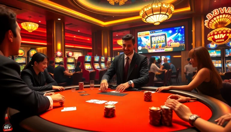 Players enjoying a thrilling game experience at 88vv with vibrant casino elements and luxurious atmosphere.
