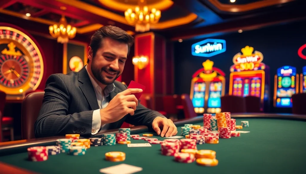 Experience the excitement at a sun win-themed casino table with vibrant poker chips and cards.