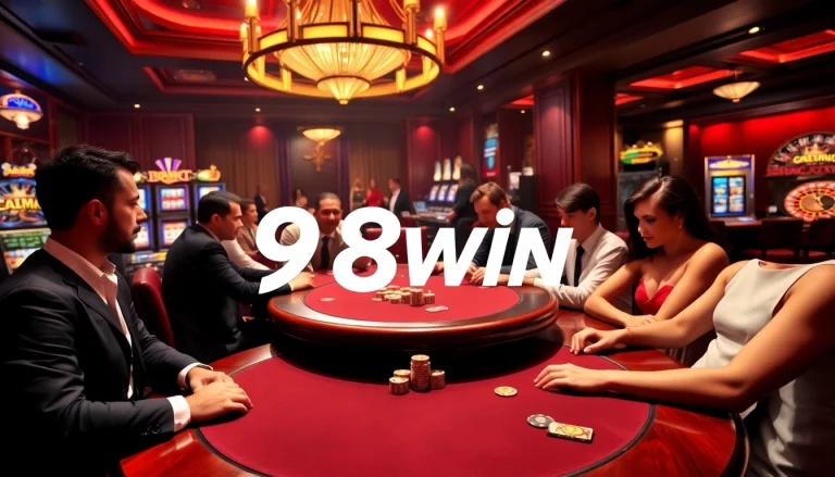 Intense poker game at https://98wincom.best/ featuring professional players and vibrant casino atmosphere.