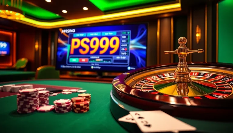 Engage with the exhilarating atmosphere of online gambling at PS99, showcasing vibrant casino visuals.