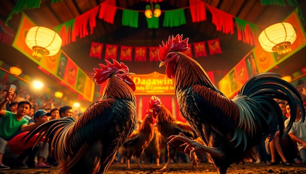 Live rooster fighting at dagawin.live, with excitement and vibrant atmosphere.