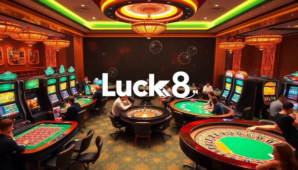 Players enjoying a thrilling gaming experience at Luck8 casino tables, surrounded by vibrant slot machines.