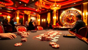 KJC XX88 players engage in high-stakes poker at a luxurious casino table.