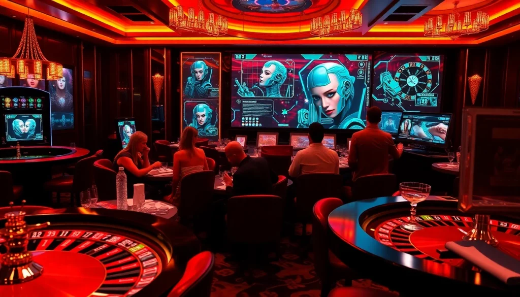 Engaging gamblers in sex games ai at an elegant casino, featuring interactive digital experiences.