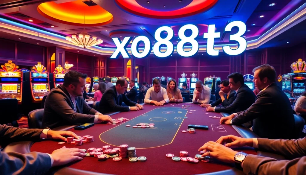 Players strategize at a high-stakes poker table in a luxurious casino setting, featuring xo88t3 excitement.