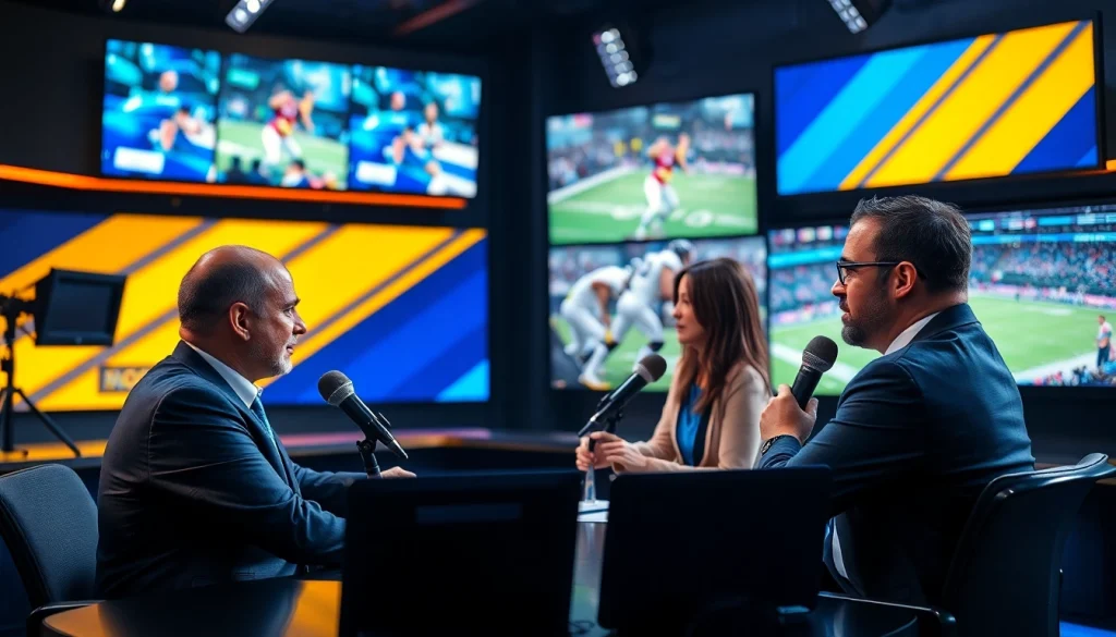Dynamic scene of sports broadcasting featuring hosts in action with vivid graphics.