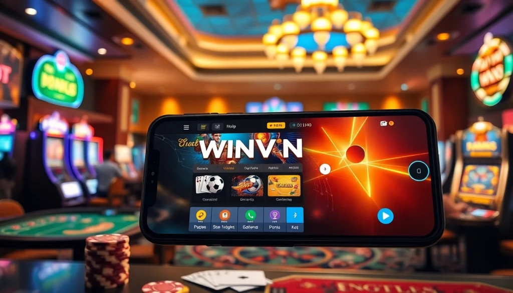 Thrilling online gambling experience on the WINVN app at winvn88.live, surrounded by casino elements.