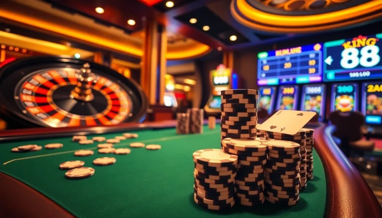 Experience the thrill of winning at king 88 with a vibrant casino scene featuring poker and roulette.