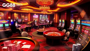 Exciting GG88 Tech gaming scene with casino tables, slots, and vibrant lights.