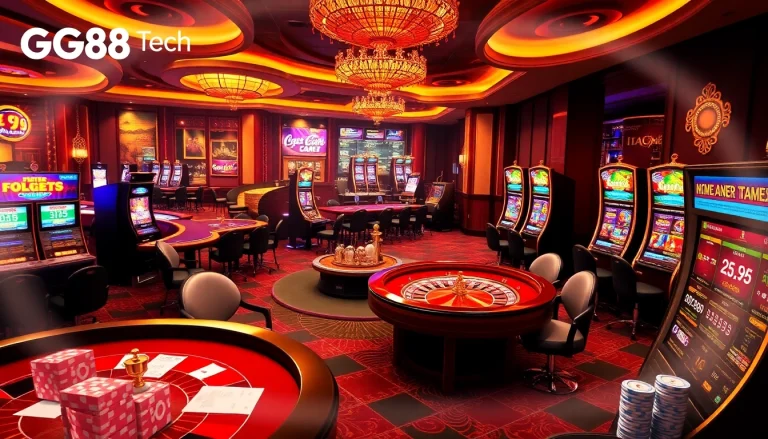 Exciting GG88 Tech gaming scene with casino tables, slots, and vibrant lights.