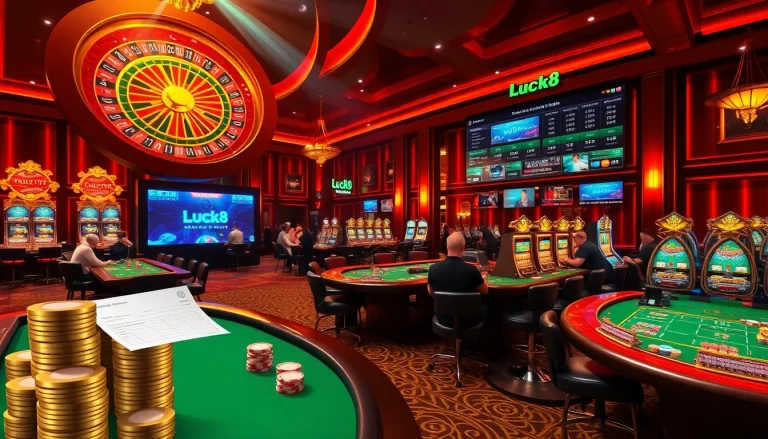 Experience the thrill of Luck8 in this vibrant casino scene with roulette tables and energetic players.