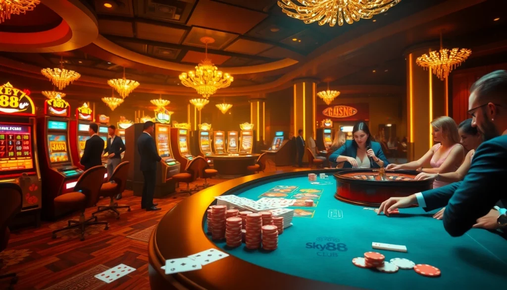 Sky88 Club players engaging in luxurious casino games with vibrant poker chips and cards.
