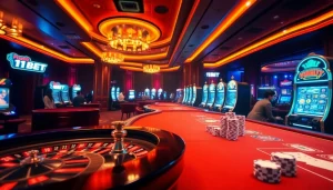 Experience the excitement of 11BET with vibrant casino visuals showcasing gaming tables and machines.