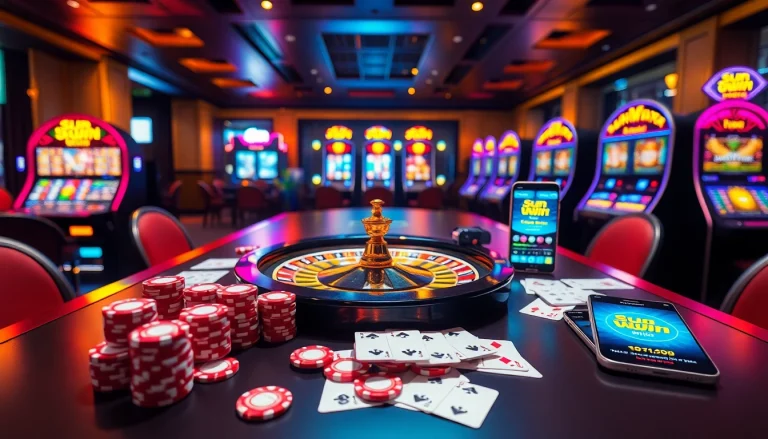 Experience the excitement of sun win gaming at a luxurious casino table with vibrant slot machines.