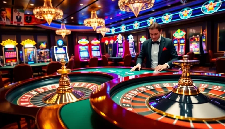 Engaging in intense gameplay at dom88.us.com, featuring vibrant casino tables and excited players.