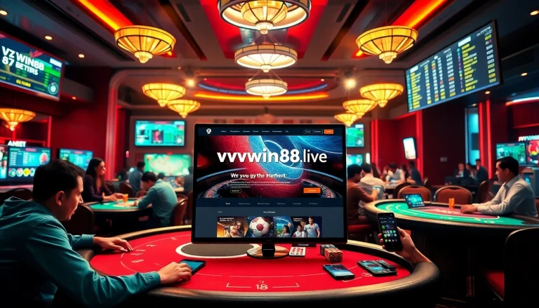 Exciting gaming atmosphere at vvvwin88.live with players enjoying poker and Baccarat.