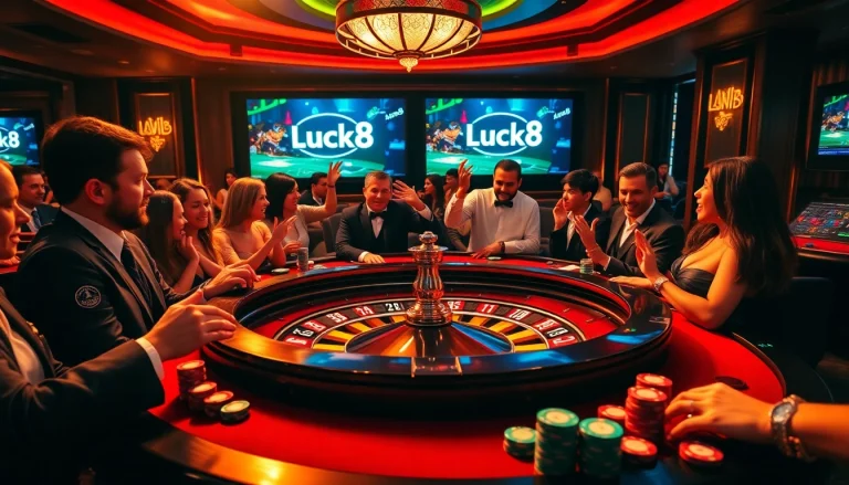 Exciting casino scene featuring Luck8 roulette table with players and vibrant poker chips.
