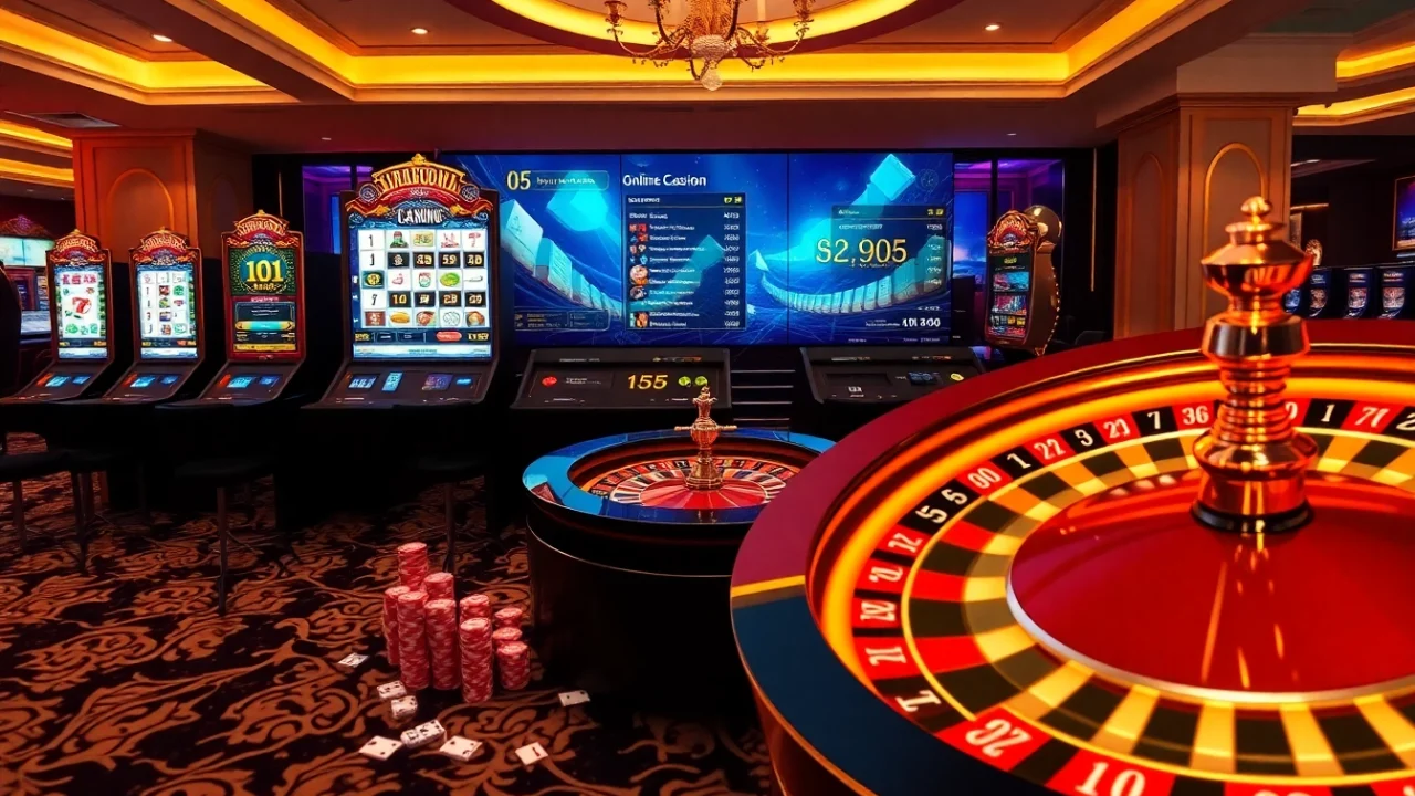 Engage with exciting online gambling at https://tg885.net/ featuring vibrant slot machines and poker chips.