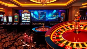 Engage with exciting online gambling at https://tg885.net/ featuring vibrant slot machines and poker chips.