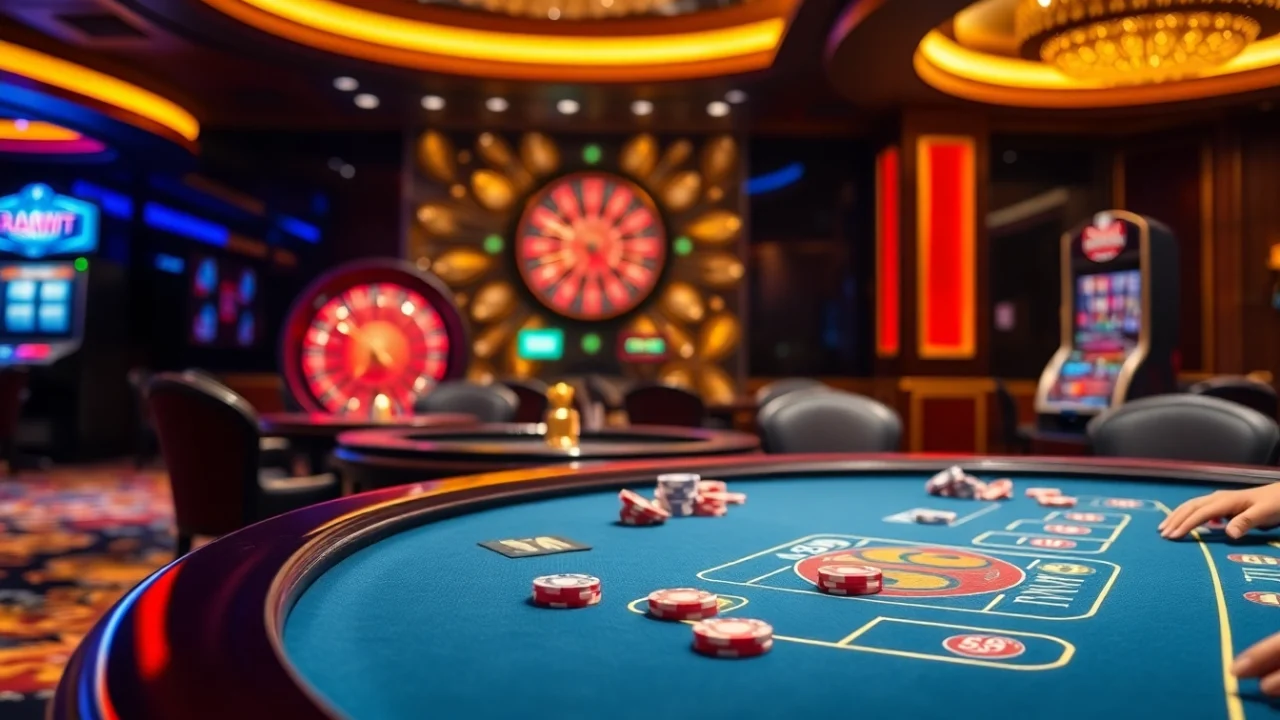 Engaging players at 68WIN blackjack table, luxurious casino atmosphere with vibrant poker chips.