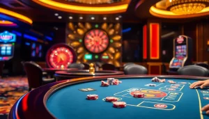 Engaging players at 68WIN blackjack table, luxurious casino atmosphere with vibrant poker chips.