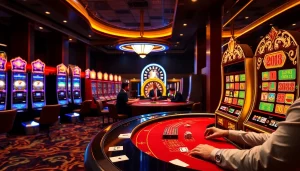 Experience the thrill of LUCKY88 slot machines in a vibrant casino setting with elegant tables and players.