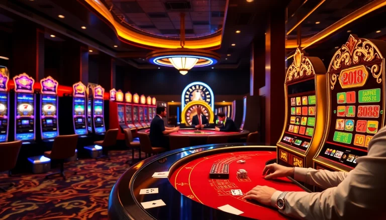 Experience the thrill of LUCKY88 slot machines in a vibrant casino setting with elegant tables and players.