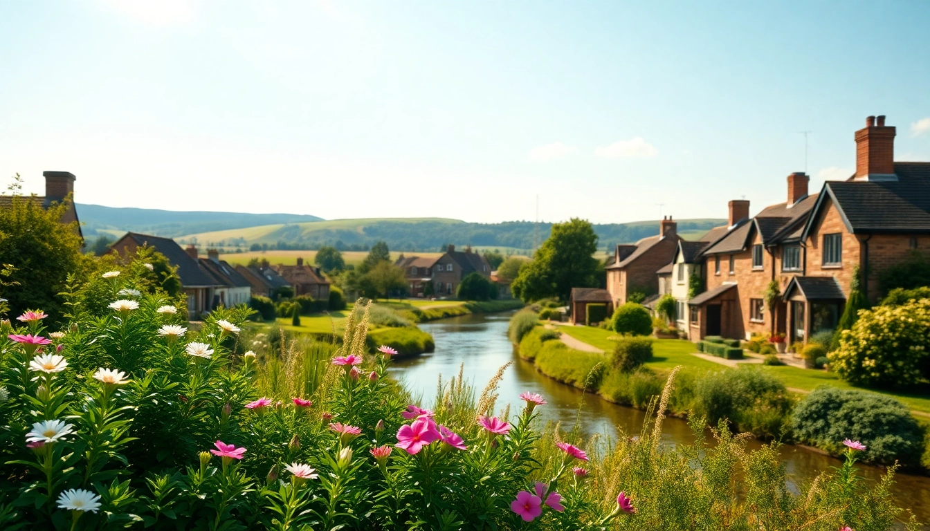Pyrford village landscape with blooming flowers and charming cottages.