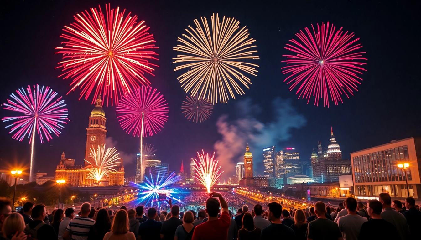 Experience stunning manchester fireworks illuminating the Manchester skyline during a festive celebration.
