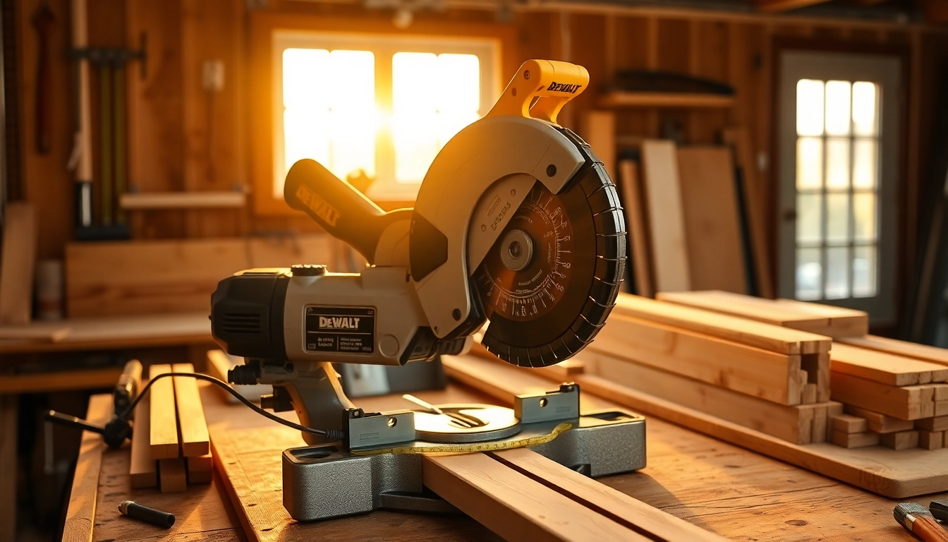 The dewalt mitre saw efficiently cutting a wooden board with precision.