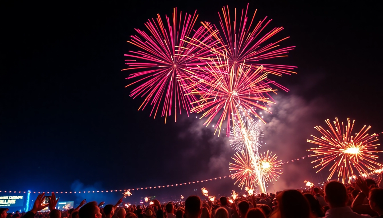 Enjoy vibrant fireworks for sale lighting up the night sky during a lively celebration.