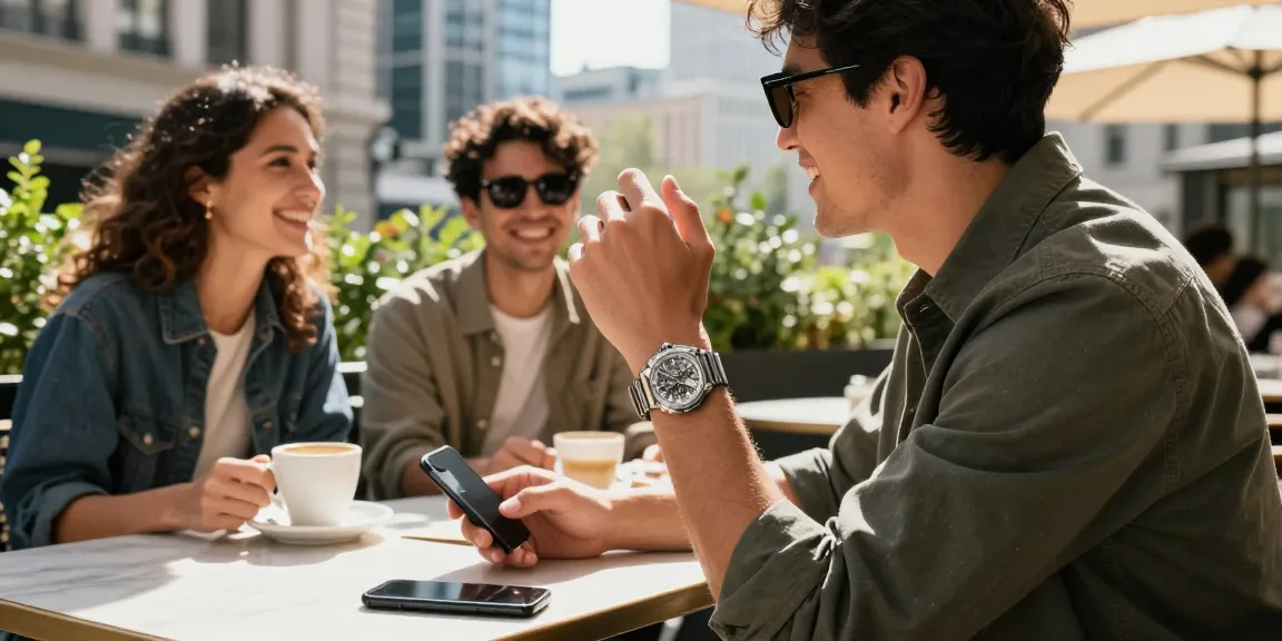 Stylish urban scene with individual wearing clone watches while socializing at a café
