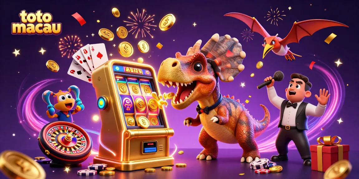 Toto Macau players celebrate as a 3D pachycephalosaurus hits a slot machine, coins flying everywhere.