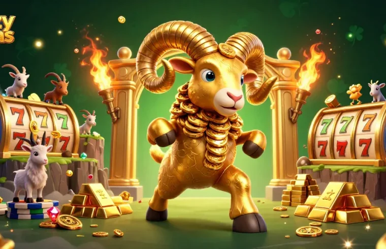 Engage with the exciting world of crazyvegas as a golden ram charges through vibrant slots, surrounded by treasures.