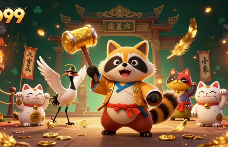 GO99 promotes winning strategies with a cheerful tanuki and samurai crane in a vibrant festival scene.